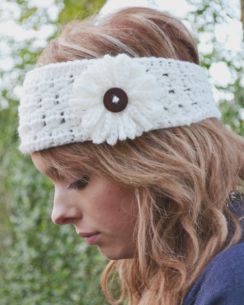 Crocheted Cream Earwarmer Headband Fits heads 22" - 24" 