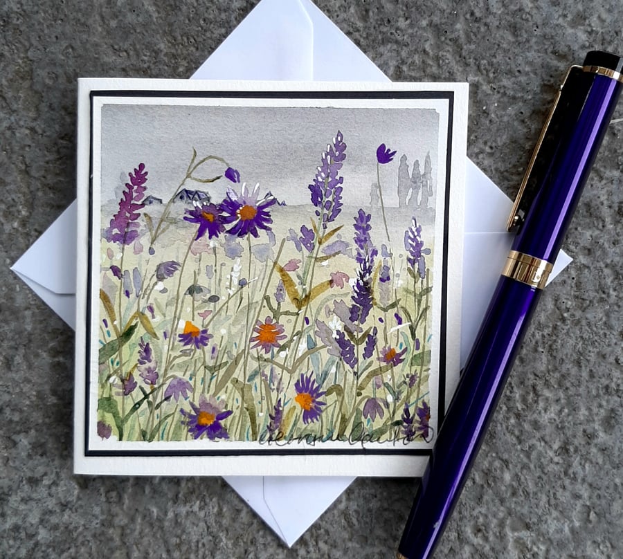 Mini Handpainted Blank Card. Letterbox Gift Purple Flowers