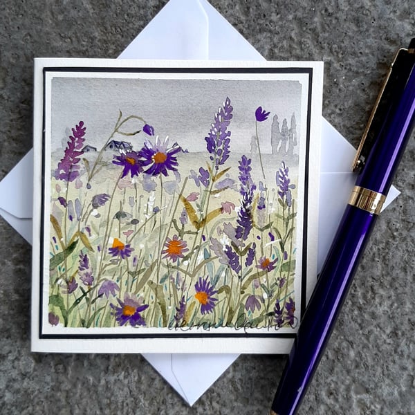 Mini Handpainted Blank Card. Letterbox Gift Purple Flowers