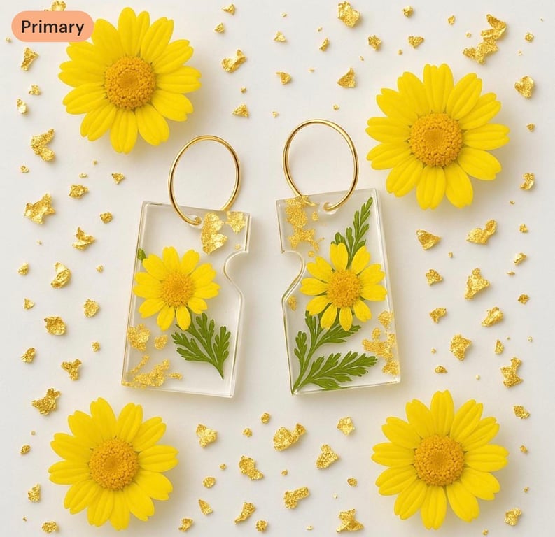 Yellow Wildflower & Leaf Resin Dangle Earrings with Gold Leaf