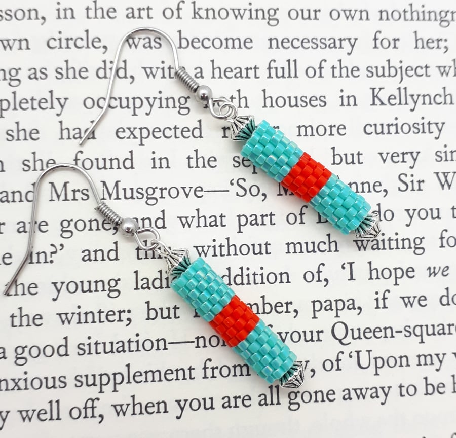 Peyote Striped Beadwoven Dangly Tube Earrings, Surgical Steel Earwires