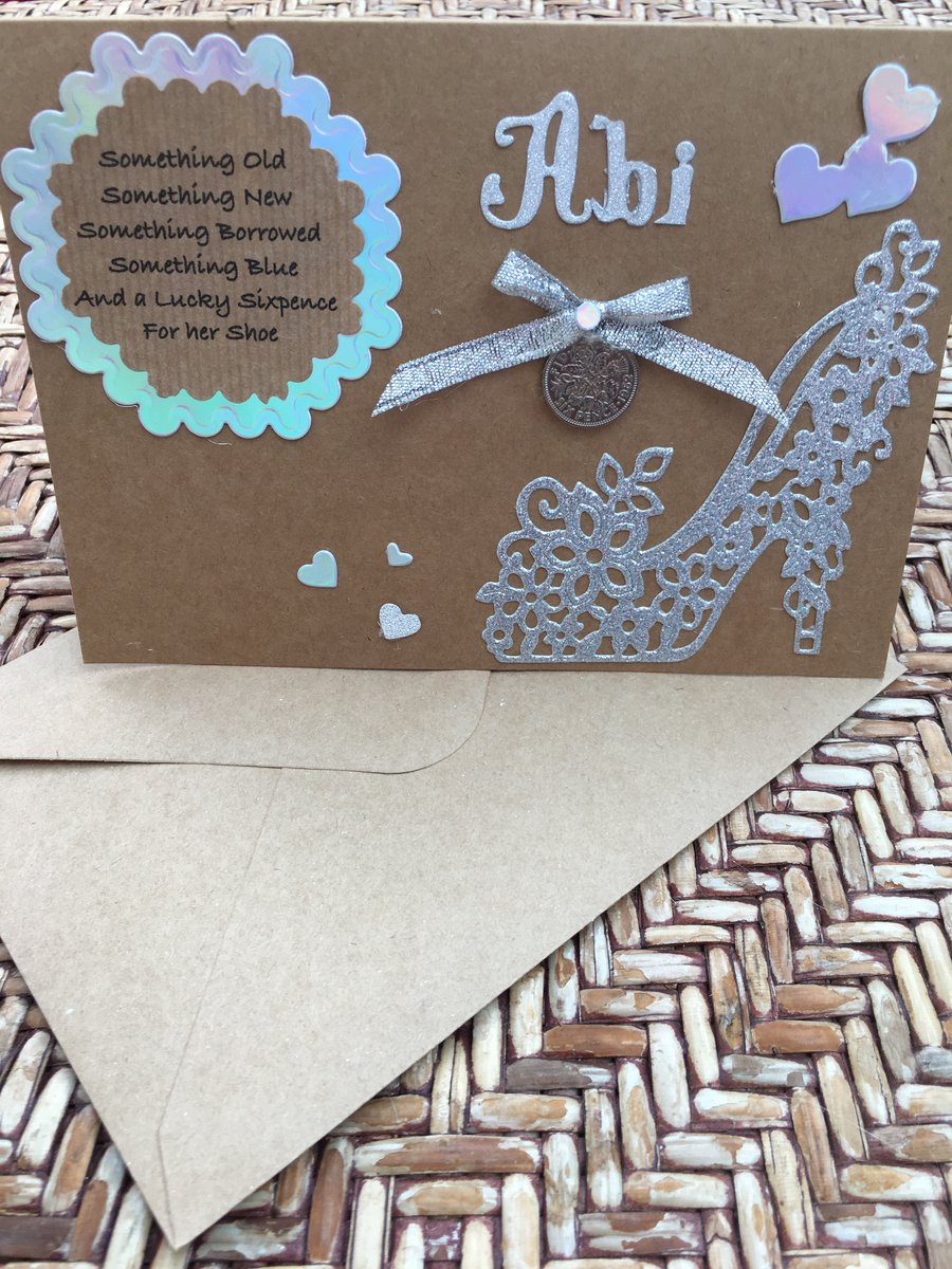 Personalised Rustic Shabby Chic Lucky Sixpence Wedding Favour Gift Card Shoe 