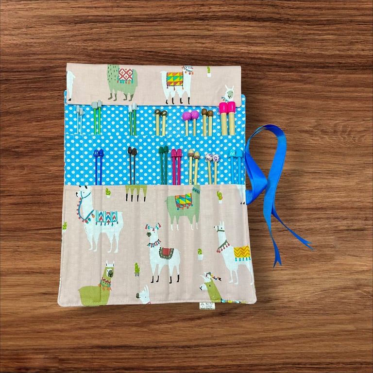 Straight knitting needle case with colourful llamas, single point needle case