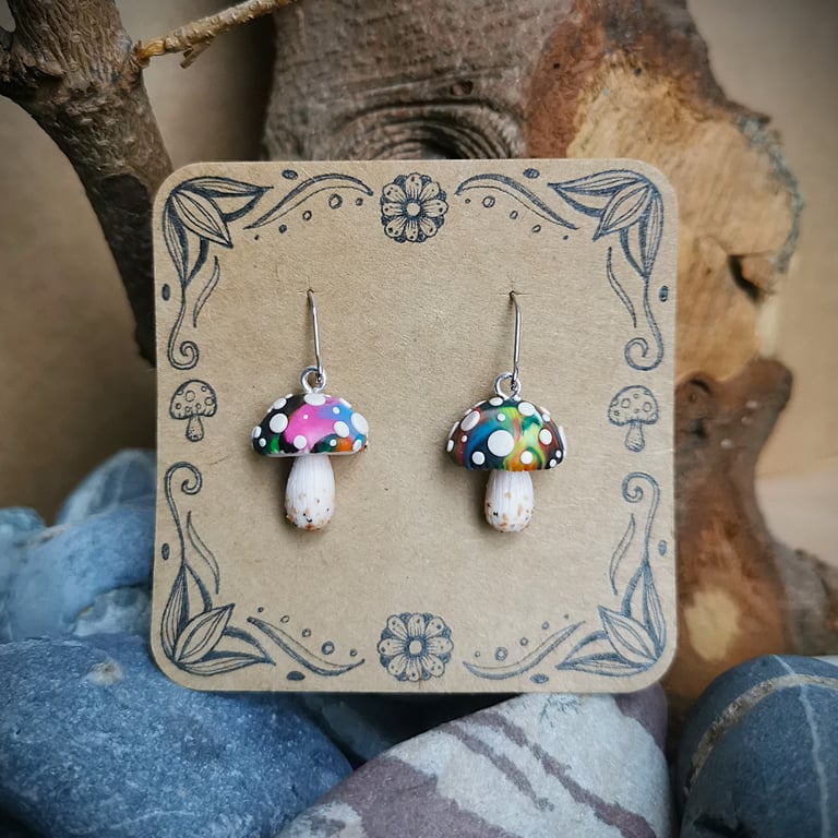 Small Colourful Galaxy Mushroom Earrings 
