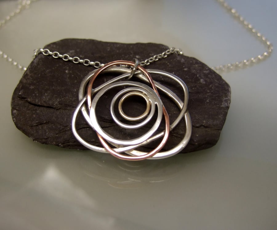 Silver, Copper & Gold rose pendant