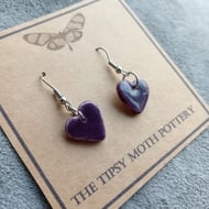 Classic heart porcelain clay earrings in  aubergine on surgical steel hooks