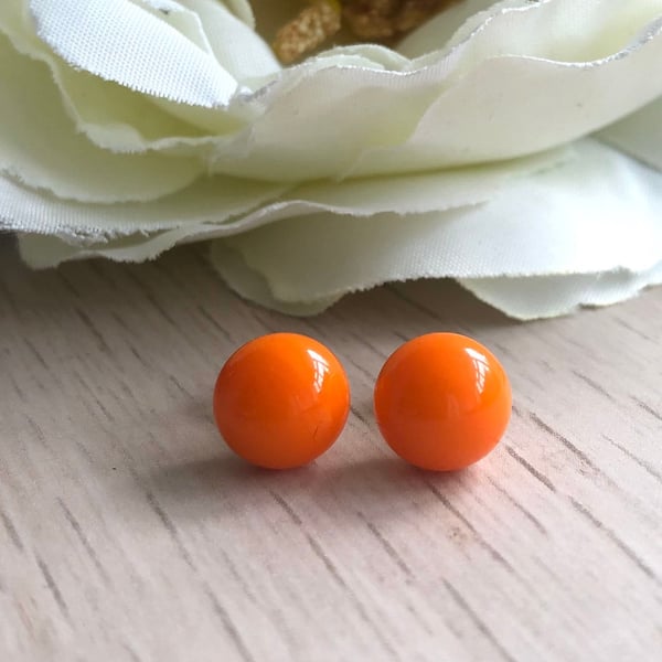 Bright orange stud earrings, fused glass studs, sterling silver earrings