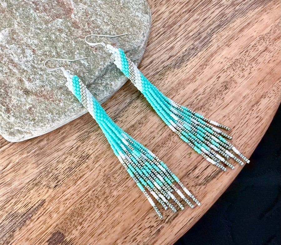Beaded fringe tube earrings in soft mint, white, and silver 