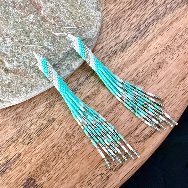 Beaded fringe tube earrings in soft mint, white, and silver 