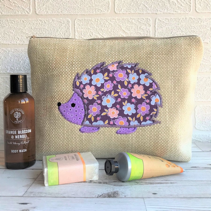 Hedgehog toiletry bag, wash bag with purple floral hedgehog