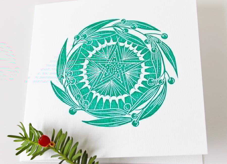 Pack of two Christmas wreath lino print card