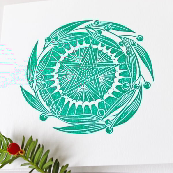 Pack of two Christmas wreath lino print card