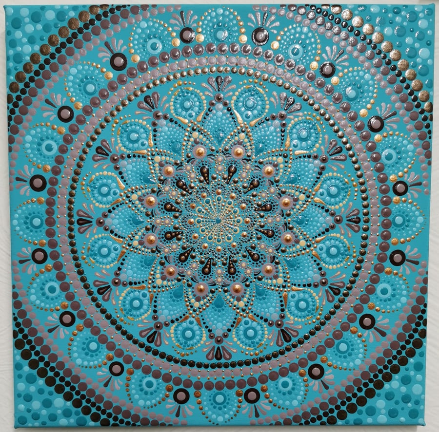 Teal and gold hand painted mandala canvas