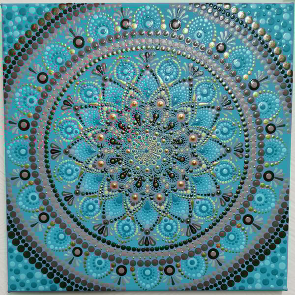 Teal and gold hand painted mandala canvas