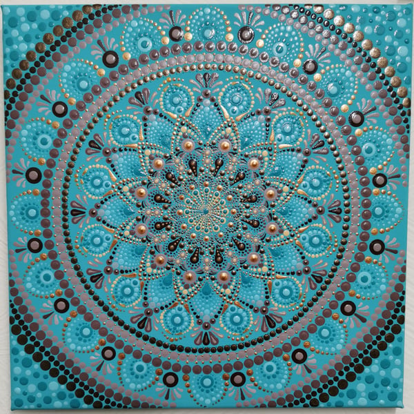 Teal and gold hand painted mandala canvas