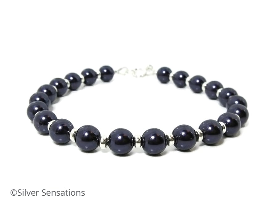 Dark Purple Pearls Wedding Bracelet With Sterling Silver & Swarovski Pearls