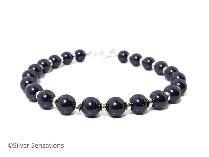 Dark Purple Pearls Wedding Bracelet With Sterling Silver & Swarovski Pearls