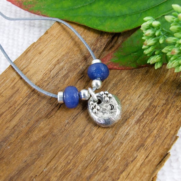 Silver Moon & Star Pebble Necklace or Wrap Bracelet on Waxed Cord with Agate