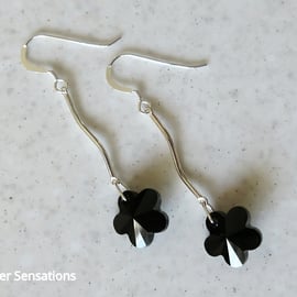 Jet Black Swarovski Crystal Flowers & Solid St Silver Curved Bar Drop Earrings