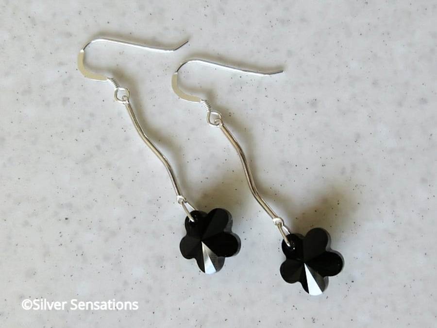 Jet Black Swarovski Crystal Flowers & Solid St Silver Curved Bar Drop Earrings