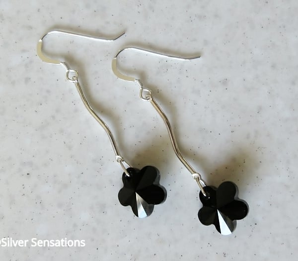 Jet Black Swarovski Crystal Flowers & Solid St Silver Curved Bar Drop Earrings