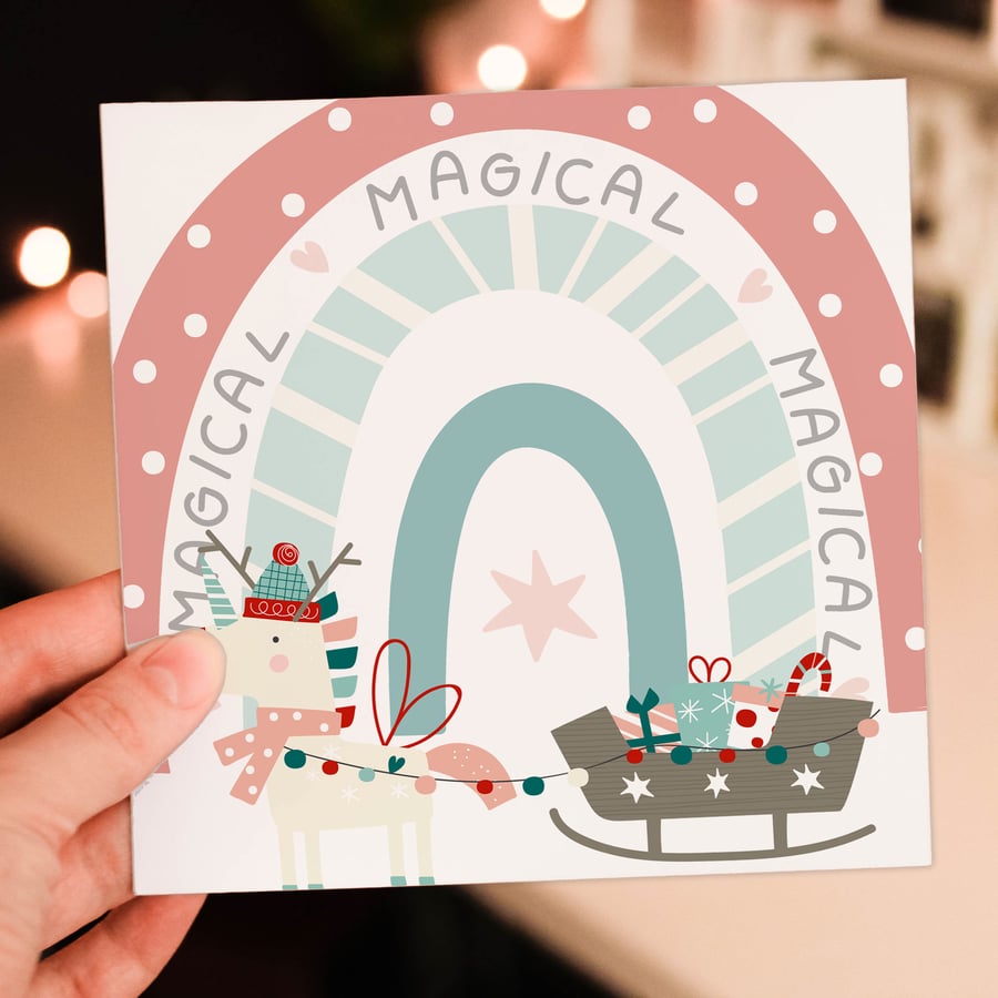 Christmas card: Magical reindeer rainbow
