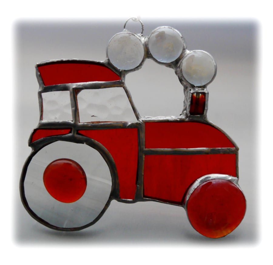 Tractor Suncatcher Stained Glass Red Handmade 040