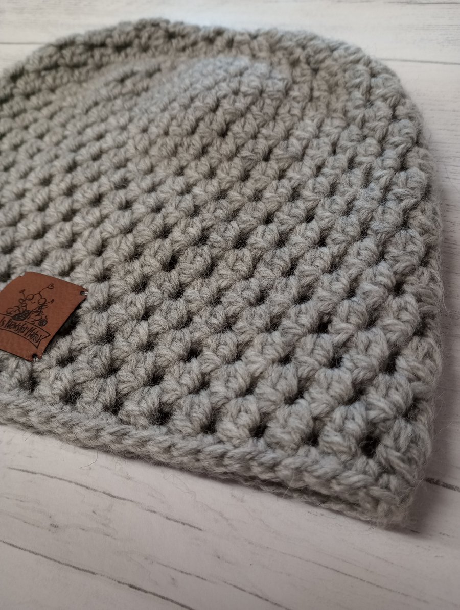 Grey crocheted woolly beanie, winter hat