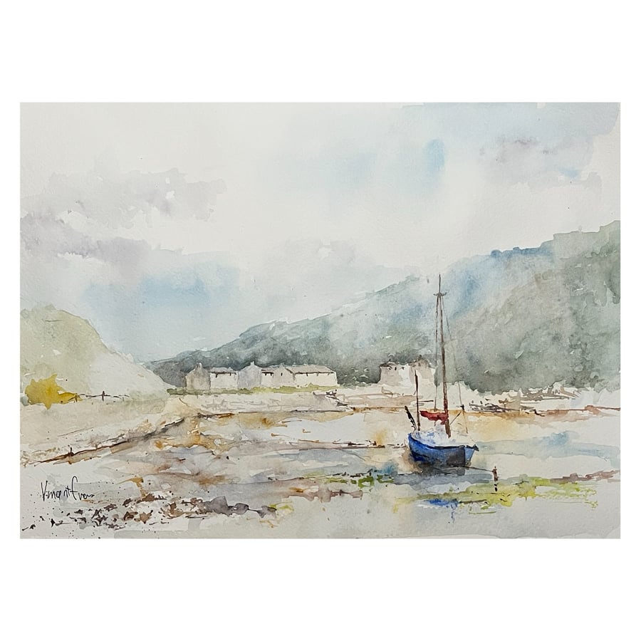 Boat With A Red Sail Sitting In The Quiet Bay, original watercolour