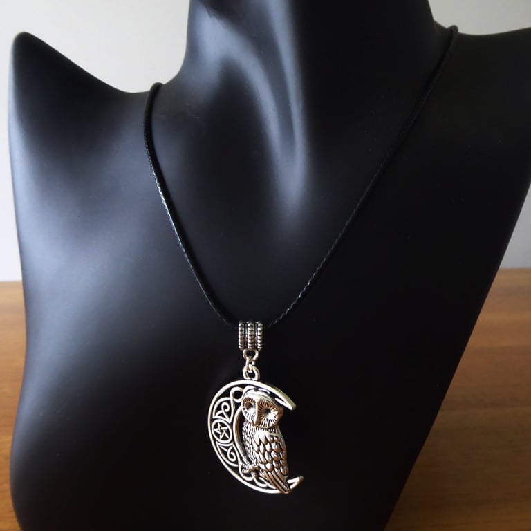 Moon and Owl Pendant Necklace on Black Adjustable Cord