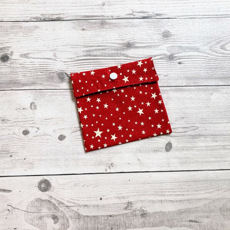 Red with white stars cotton discreet sanitary pouch. Feminine products holder. 