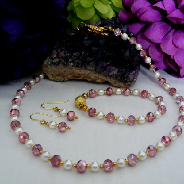 Pink Crystal and White Pearl Jewellery Set
