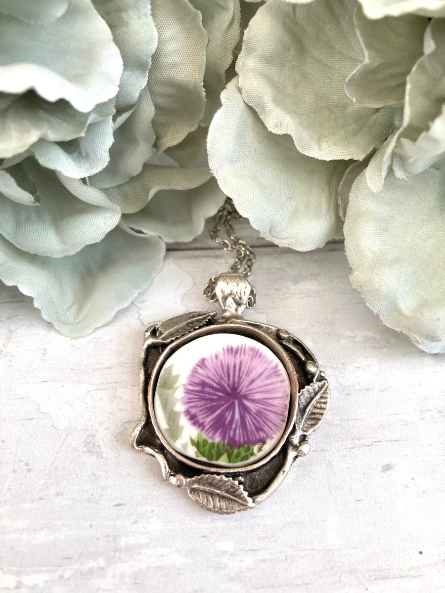 Broken China Pendant Necklace - Scottish Thistle - Boho Style
