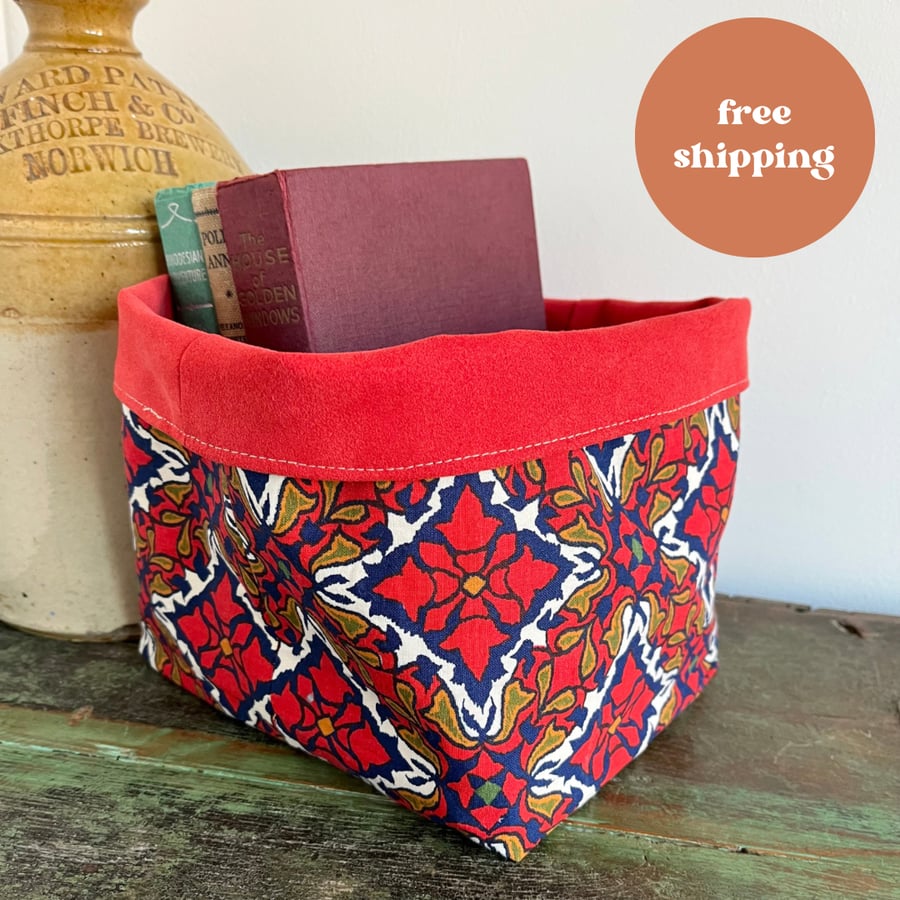Vintage cotton fabric basket with red faux sued... - Folksy