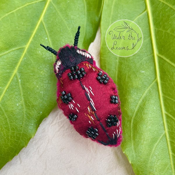 Hand embroidered bespoke red ladybird silk and felt brooch pin