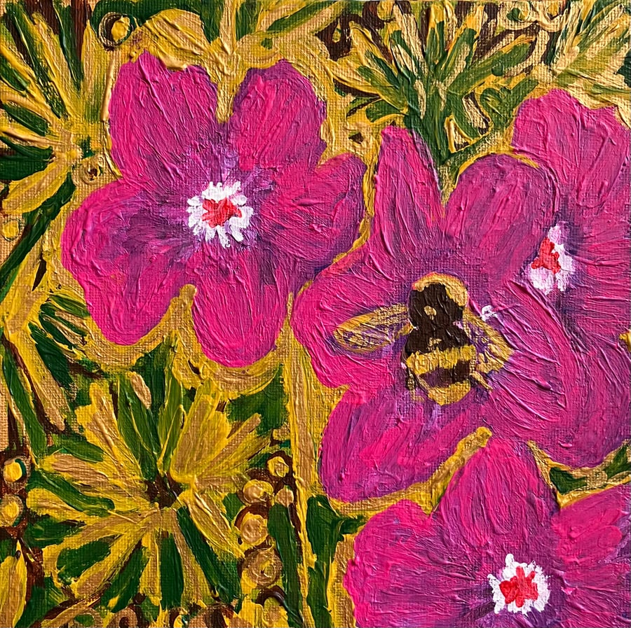 Geraniums and bee flower painting 