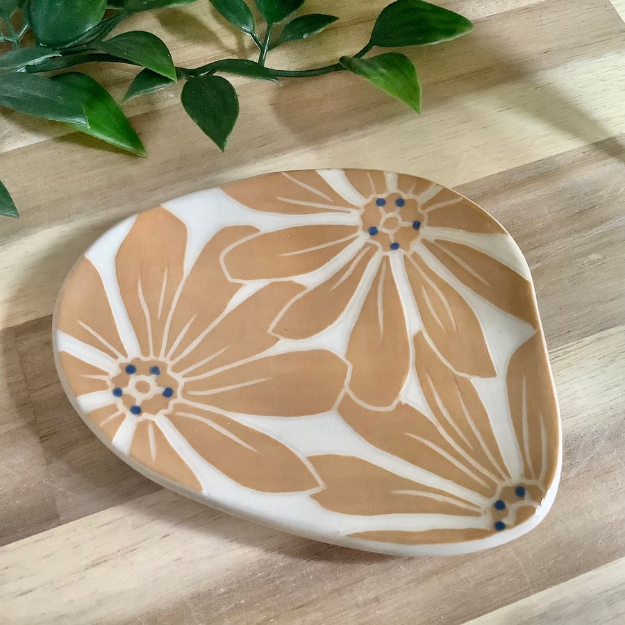Handmade stoneware orange flower trinket jewellery dish home decor