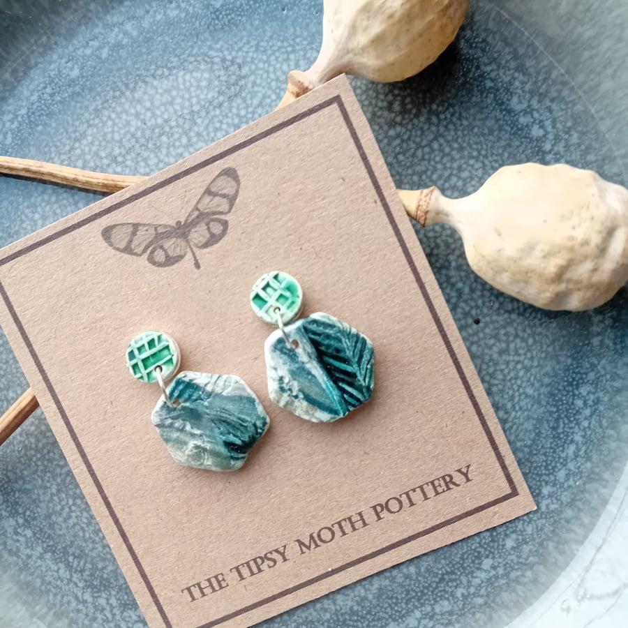 grey green hexagon chunky rustic  porcelain clay earrings silver plated posts