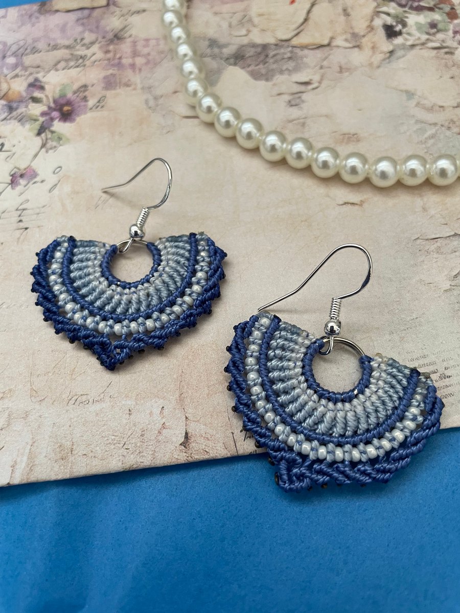 Earrings, beaded boho festival fan design micro macrame dangle earrings, summer 
