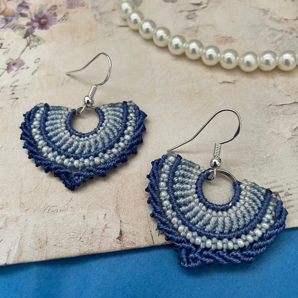 Earrings, beaded boho festival fan design micro macrame dangle earrings, summer 