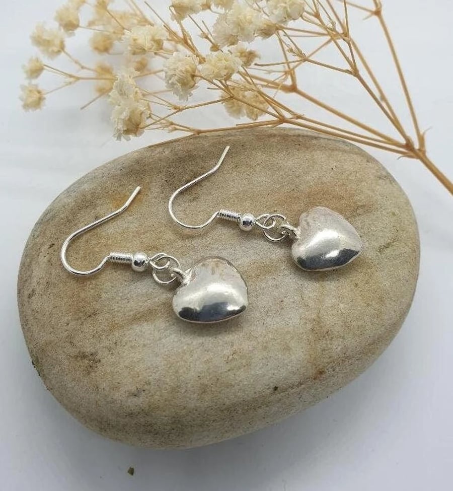Handmade silver plated puff heart dangle drop earrings ideal birthday gift mum