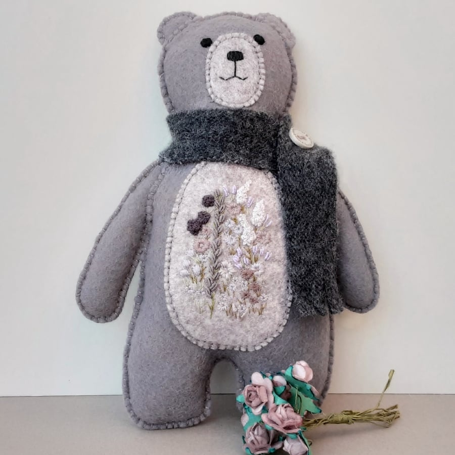 Woodland teddy bear, Felt Scandi bear, Hand sewn embroidered keepsake