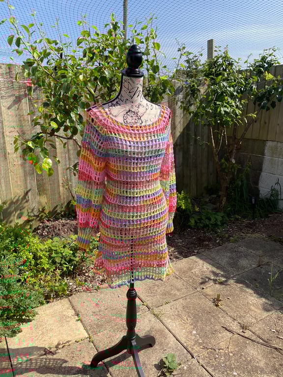 Rainbow Mesh Dress Long Sleeves size 8-12 - Crocheted 