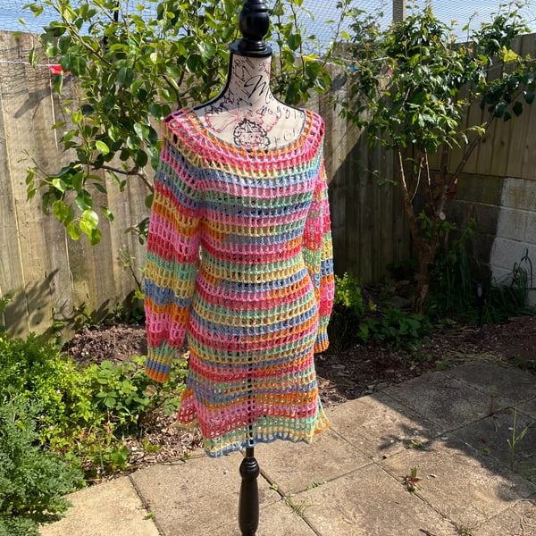 Rainbow Mesh Dress Long Sleeves size 8-12 - Crocheted 