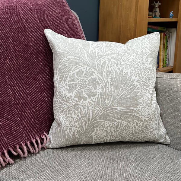 Morris & Co Pure Marigold cushion cover with beige linen back square cushion