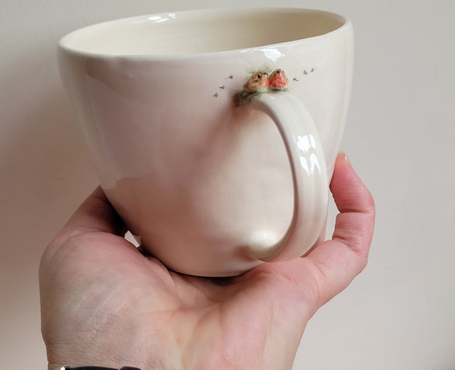 Ceramic robin couple cup with footprints, Christmas birds handmade gift mug