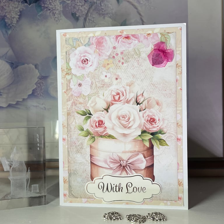 Greeting Card With Love Hat Box and Roses  by Carolee Crafts PB1 - 0002