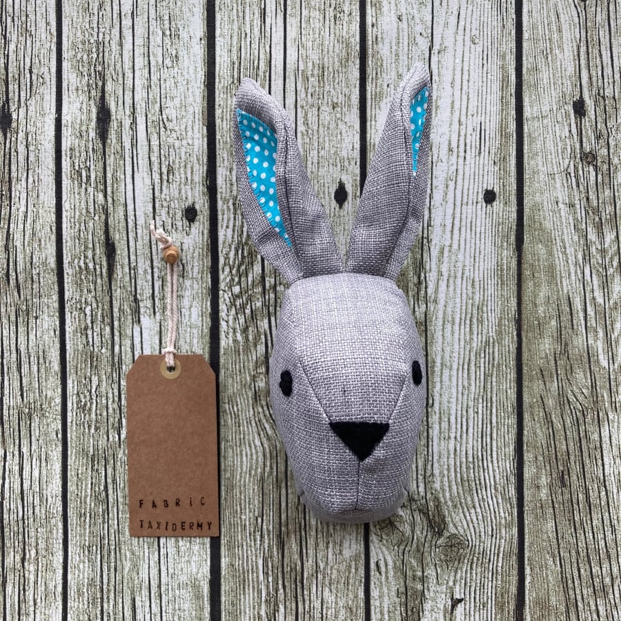 Wall mounted Rabbit head - Grey with teal, spotted ears.