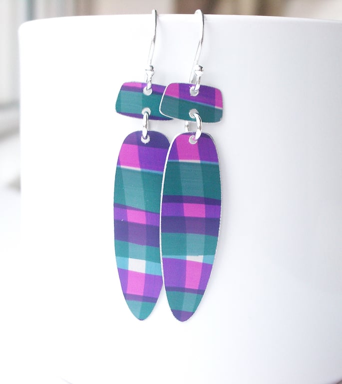Long dangle earrings in purple and green checks