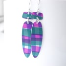Long dangle earrings in purple and green checks
